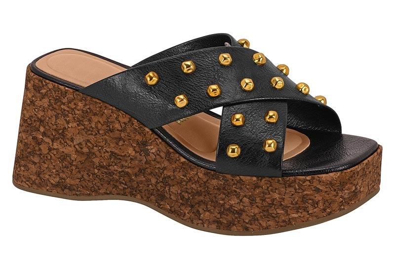 Sandália Tamanco Plataforma com Tachas e Douradas e Salto Cortiça Ref:115745