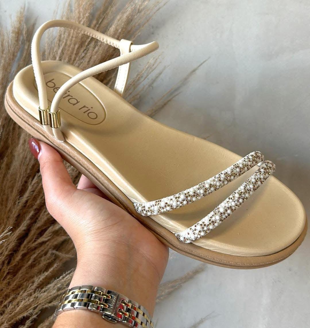 Sandália Rasteira Beira Rio Nude com Pedraria