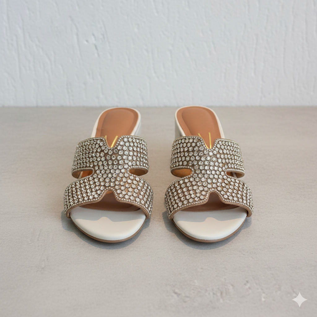 Tamanco Glamour Cravejado Salto Médio Bloco com Pedrarias - Off White