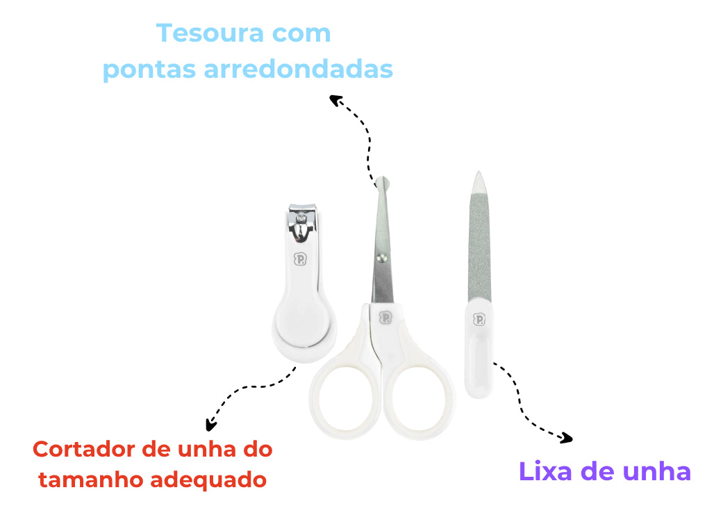 Kit Higiene Bebê Pimpolho 3 Peças - Tesoura, Cortador e Lixa