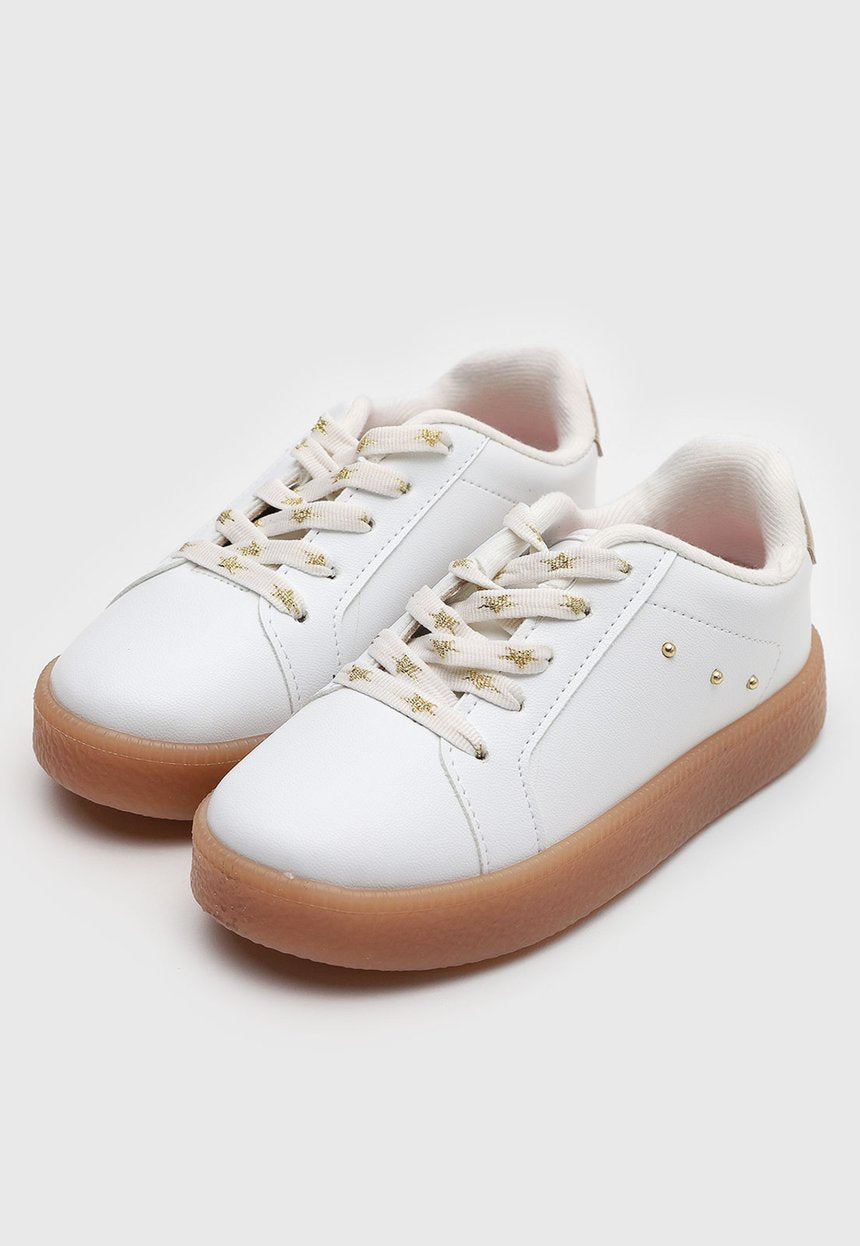 Tênis Infantil Molekinha-Branco e Dourado com Solado Mel/Marrom