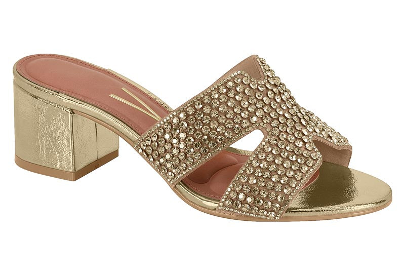 Tamanco Glamour Cravejado Salto Médio com Pedraria - Dourado