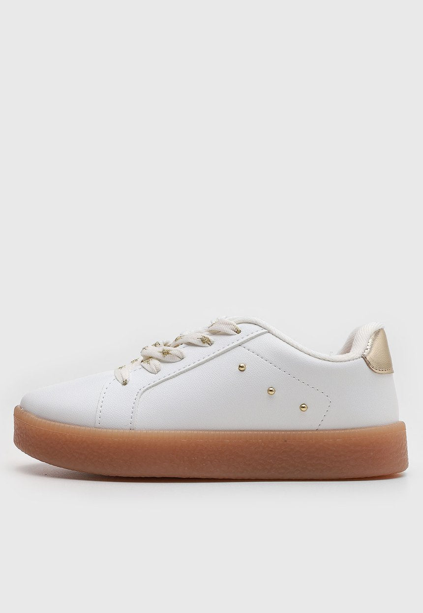 Tênis Infantil Molekinha-Branco e Dourado com Solado Mel/Marrom