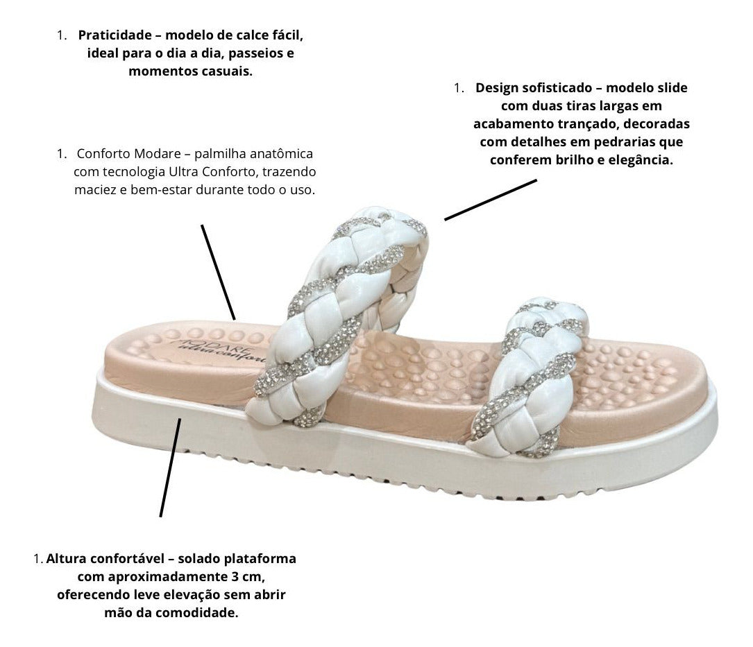 Chinelo Modare Ultraconforto – Slide com Tiras Trançadas e Brilho