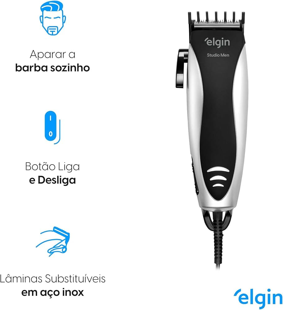 Cortador Aparador de Cabelo e Barba Studio Men Elgin com 8 acessórios Preto e Prata 110V
