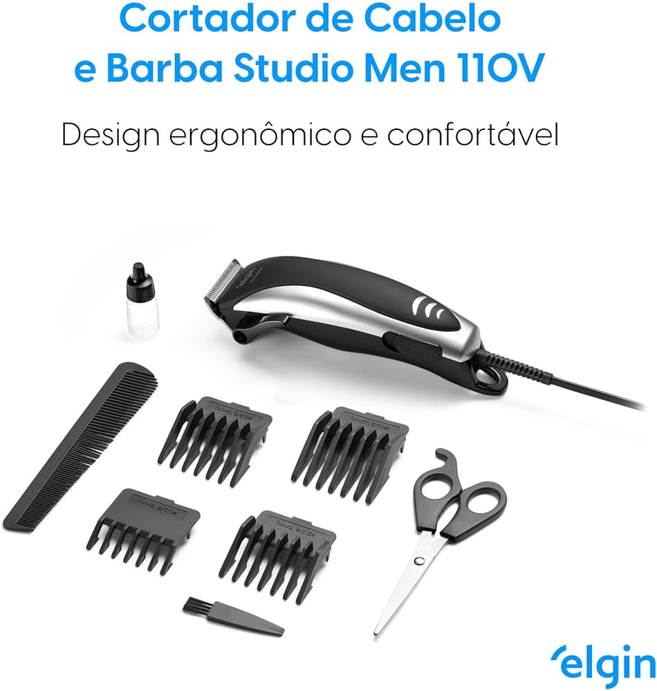 Cortador Aparador de Cabelo e Barba Studio Men Elgin com 8 acessórios Preto e Prata 110V