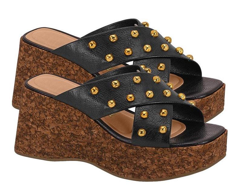 Sandália Tamanco Plataforma com Tachas e Douradas e Salto Cortiça Ref:115745