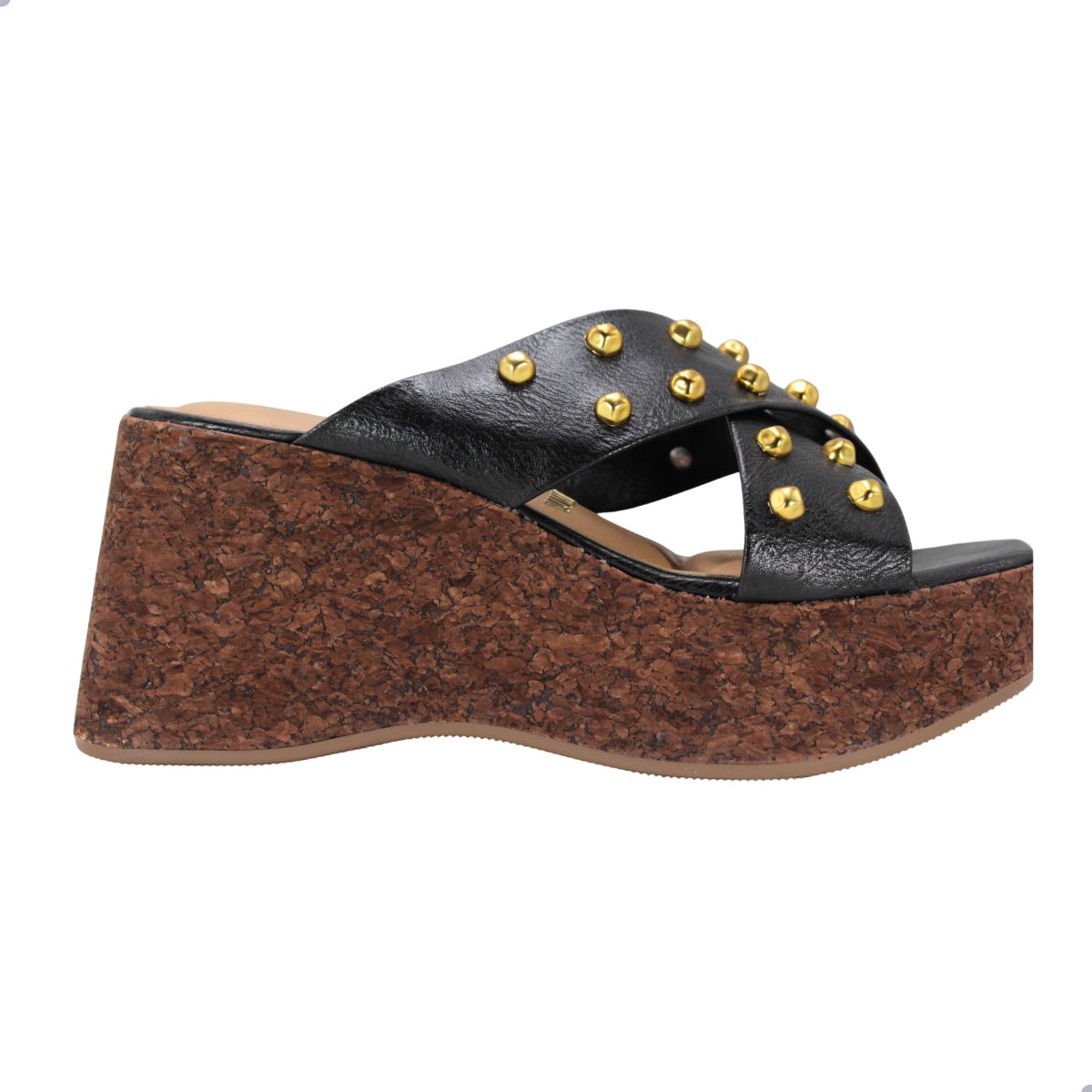 Sandália Tamanco Plataforma com Tachas e Douradas e Salto Cortiça Ref:115745