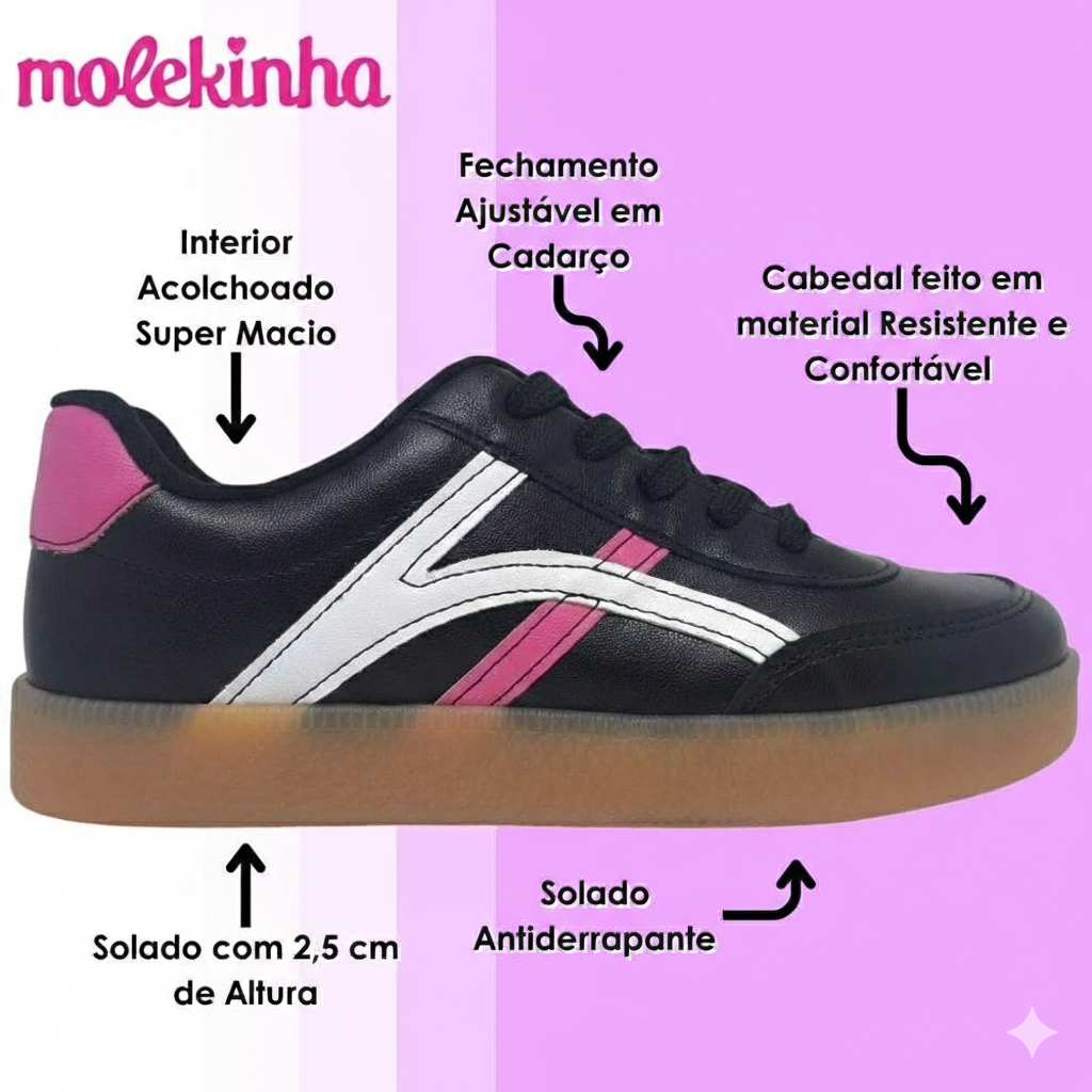 Tênis Casual Urbano - Preto, Branco e Rosa