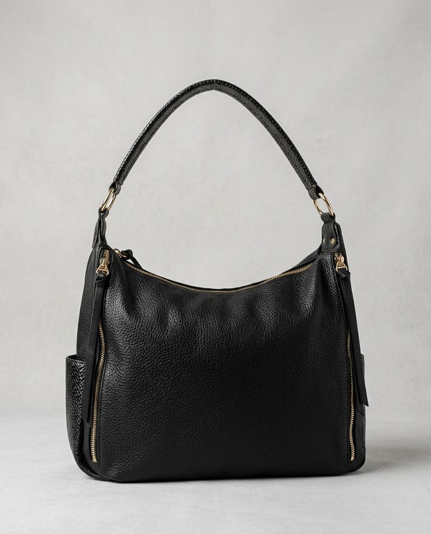 Bolsa Hobo de Couro  Preto com Zíperes Laterais Dourados